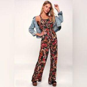 Billabong Still Here Black Floral Print Overalls